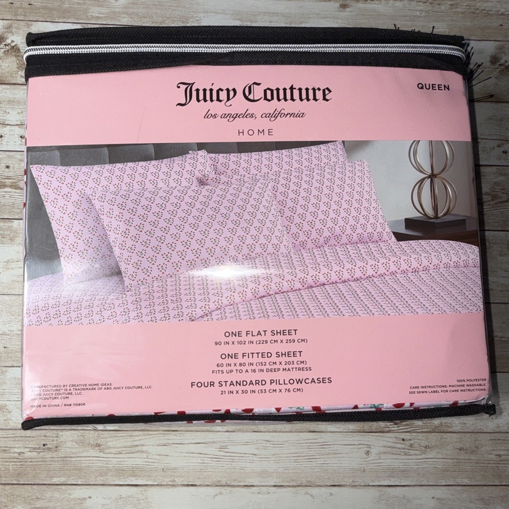 Juicy‎ Couture Queen Sheet Set Pink Candy Cane Heart Monogram 6 Piece New - Picture 2 of 8